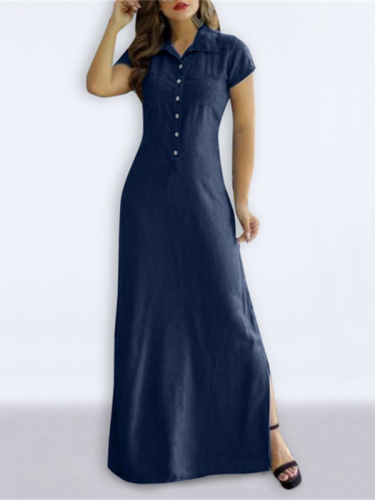 Women's Denim Dress Casual Shirt Collar A Line Maxi Dress