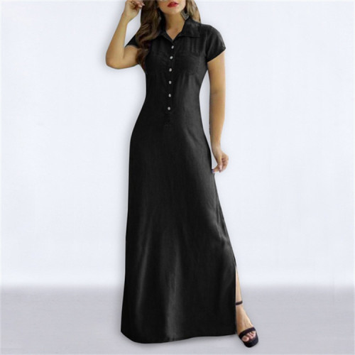 Women's Denim Dress Casual Shirt Collar A Line Maxi Dress