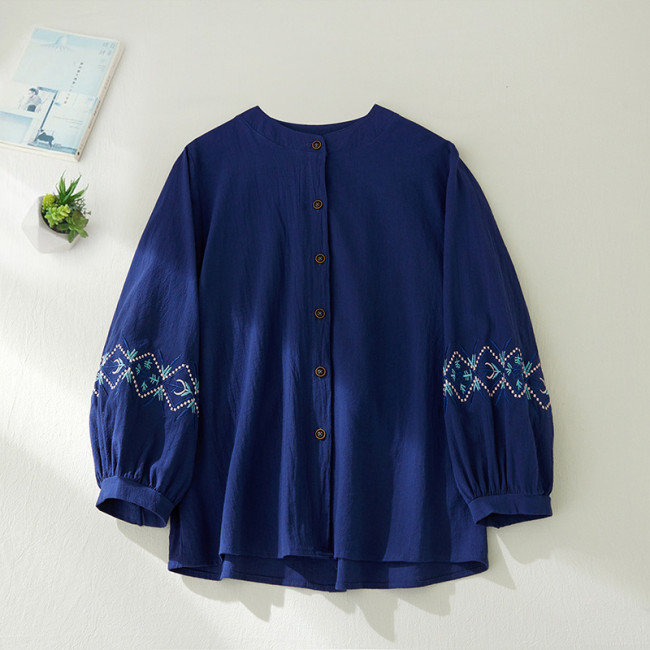 Women's Cotton Linen Shirt Tribal Embroidery Floral Linen Blouse