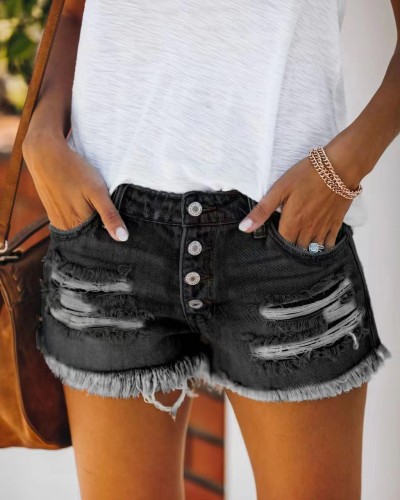 Women's Ripped Tassels Denim Shorts Straight-Breasted Shorts