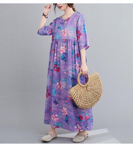 Women's Cotton Linen Dress Floral Print Spring Summer Dress Mid-Sleeve Loose Linen Dress