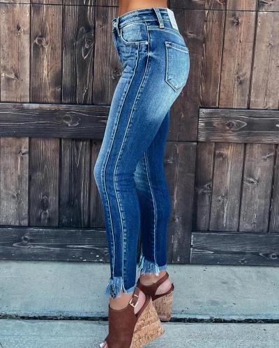 Women's Denim Jeans Tassels Hem Skinny Slimming Jeans Cowboy Style Jeans