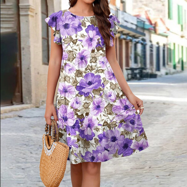 Women's Floral Dress Floral Print Crew-Neck Flying Sleeves Casual Dress