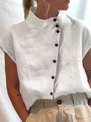 Women's Cotton Linen Shirt Stander Collar Button Design Linen Blouse