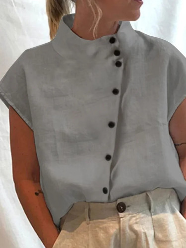 Women's Cotton Linen Shirt Stander Collar Button Design Linen Blouse