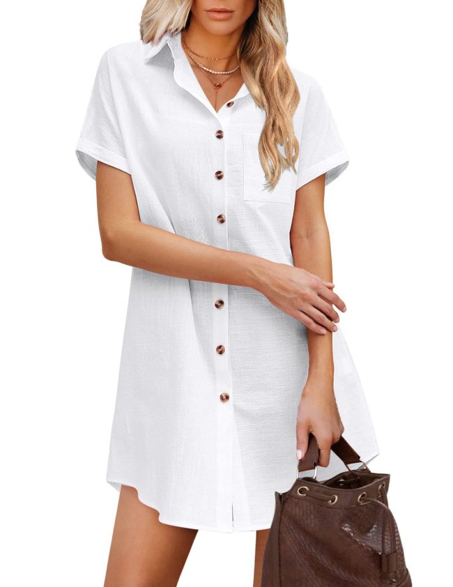 Women's Shirt Dress Lapel Single Breasted Casual Mini Dress Soft Cotton Linen Dresses