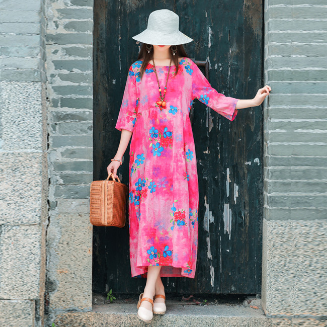 Women's Cotton Linen Dress Floral Print Spring Summer Dress Mid-Sleeve Loose Linen Dress