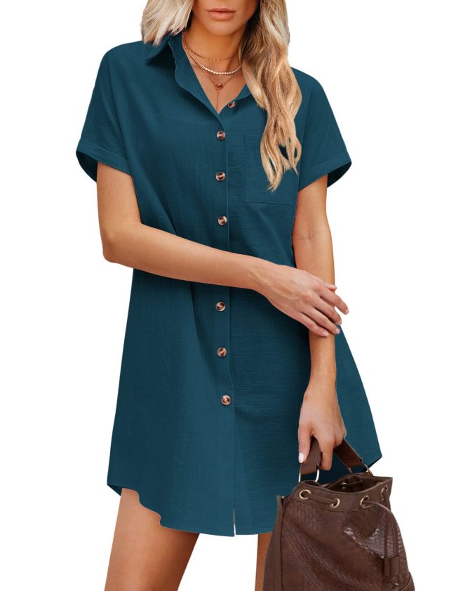 Women's Shirt Dress Lapel Single Breasted Casual Mini Dress Soft Cotton Linen Dresses