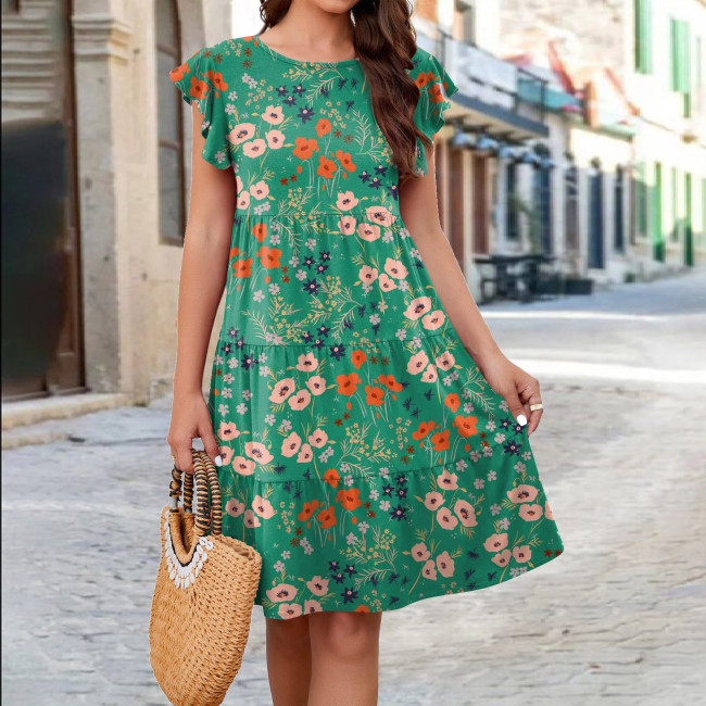 Women's Floral Dress Floral Print Crew-Neck Flying Sleeves Casual Dress