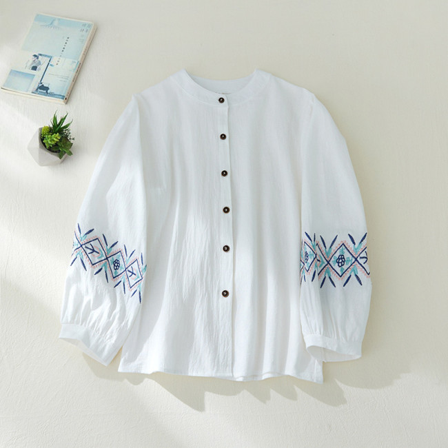Women's Cotton Linen Shirt Tribal Embroidery Floral Linen Blouse