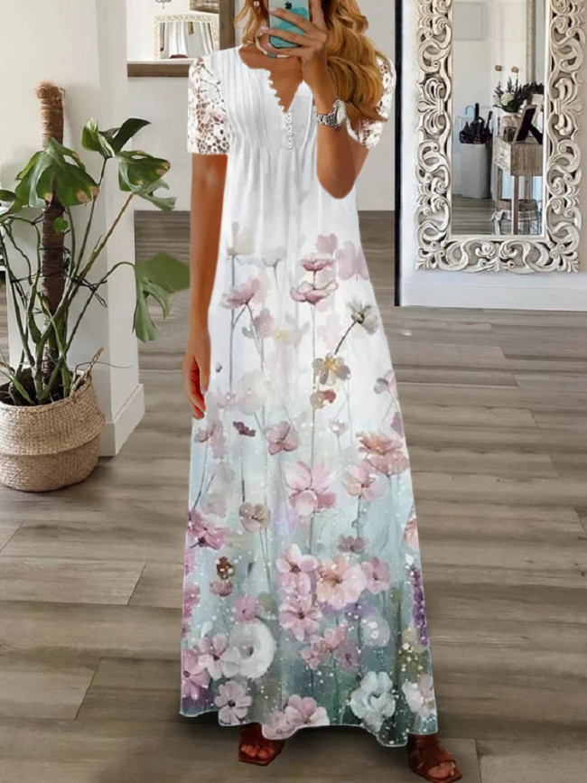Women's Vacation Dress V-Neck Lace Short Sleeve Long Maxi Floral Summer Dress