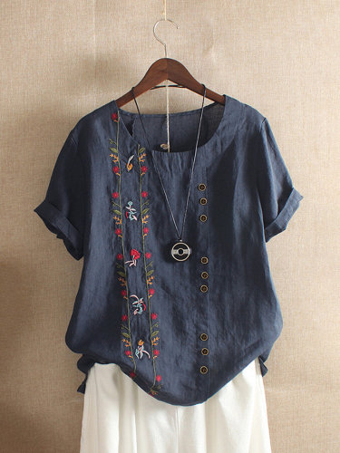 Retro Cotton Linen Loose Short Sleeve Casual Shirt Embroidered Floral Linen Blouse