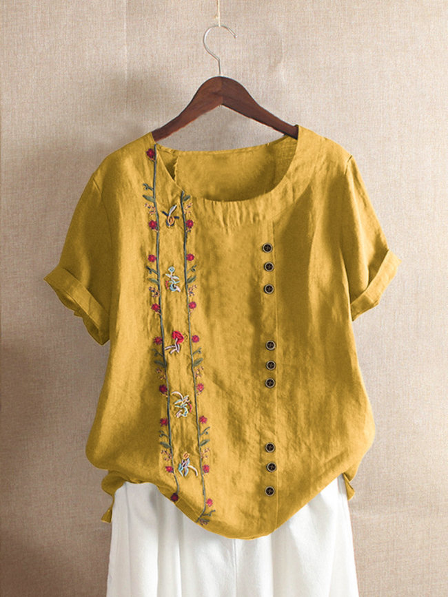 Retro Cotton Linen Loose Short Sleeve Casual Shirt Embroidered Floral Linen Blouse