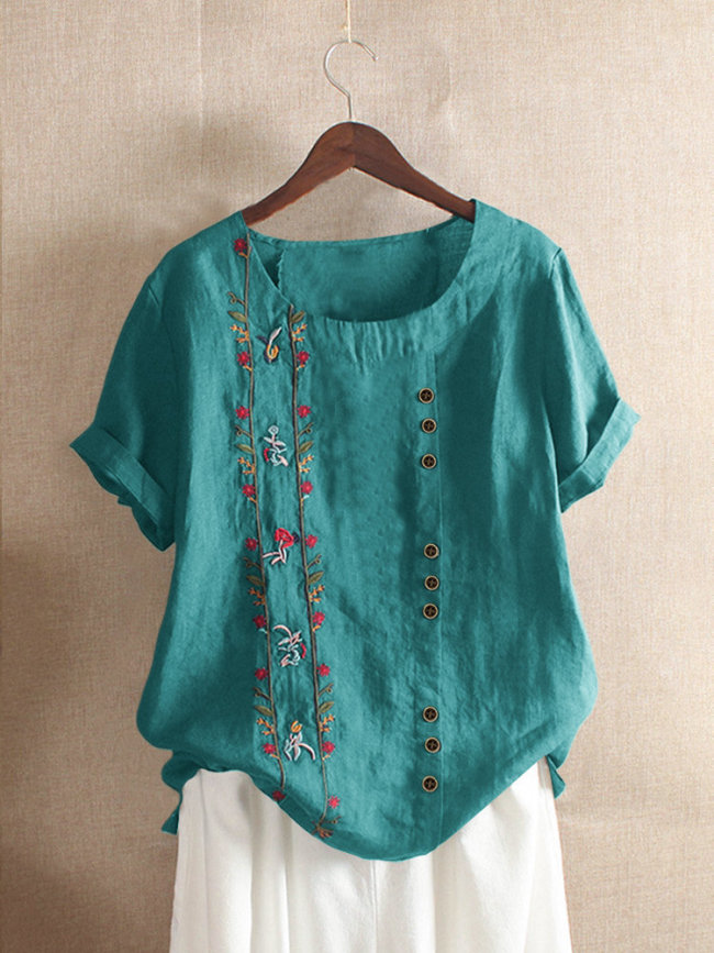 Retro Cotton Linen Loose Short Sleeve Casual Shirt Embroidered Floral Linen Blouse