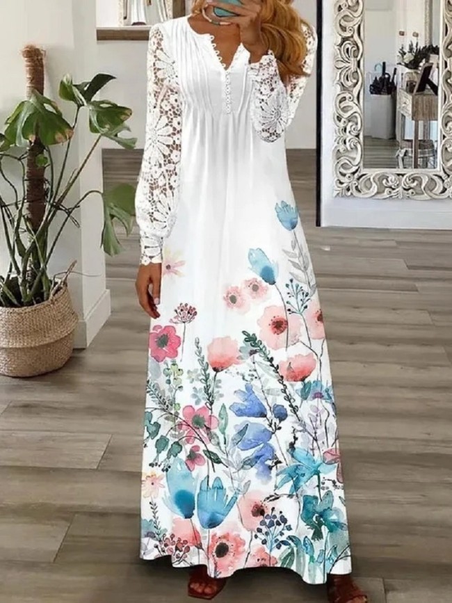 Women's Vacation Dress V-Neck Lace Long Sleeve Long Maxi Floral Dress