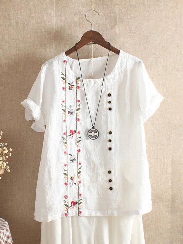 Retro Cotton Linen Loose Short Sleeve Casual Shirt Embroidered Floral Linen Blouse