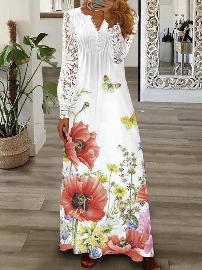 Women's Vacation Dress V-Neck Lace Long Sleeve Long Maxi Floral Dress