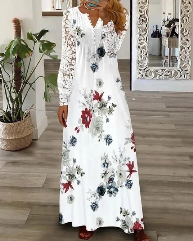 Women's Vacation Dress V-Neck Lace Long Sleeve Long Maxi Floral Dress