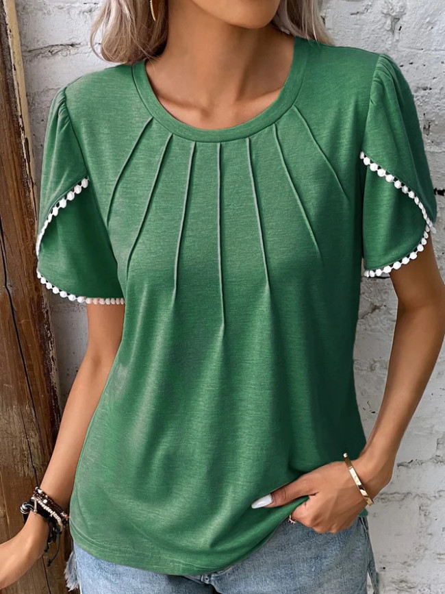 Women's Summer Tops Crew Neck Pleated Casual T-Shirt