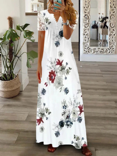 Women's Vacation Dress V-Neck Lace Short Sleeve Long Maxi Floral Summer Dress