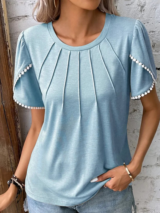 Women's Summer Tops Crew Neck Pleated Casual T-Shirt