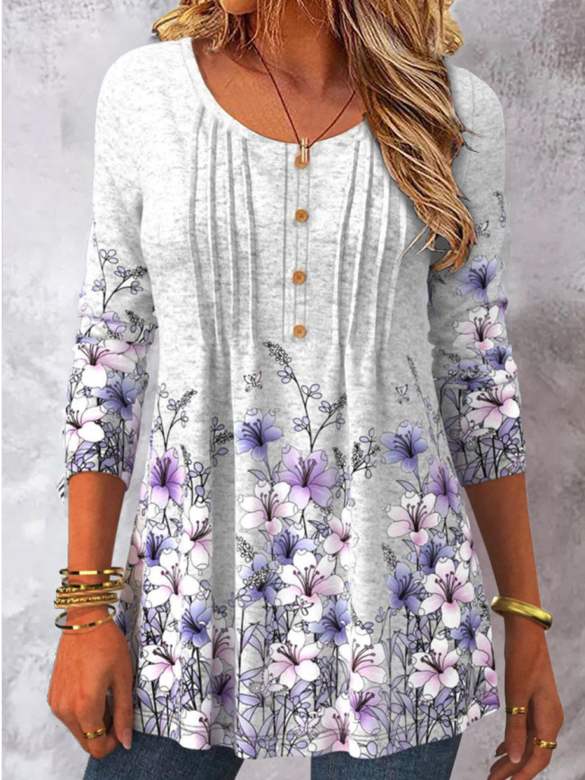 Women's Floral T-Shirt Casual Crew Neck Long Sleeve Spring Floral Tee