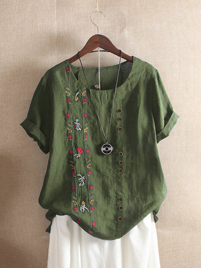 Retro Cotton Linen Loose Short Sleeve Casual Shirt Embroidered Floral Linen Blouse