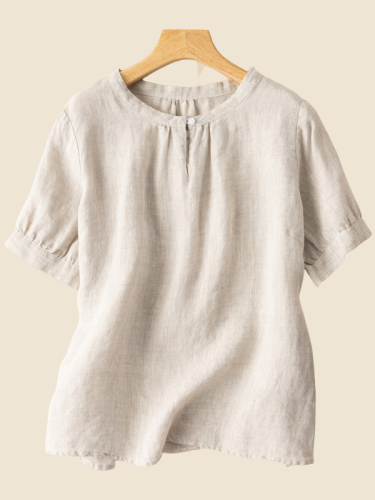 Women's Cotton Linen Shirt Short Sleeve Crew Neck Graceful Linen Blouse