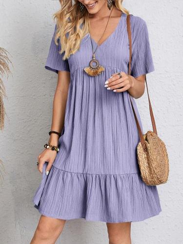 Women's Summer Dress V-Neck Short Sleeve Solid Cake Layer Dresses