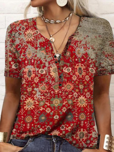 Women's Summer Tops V-Neck Short Sleeve Floral Print Retro Vintage T-Shirt