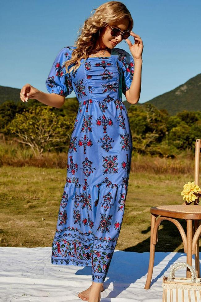 Women's Boho Dress Floral Ruched Puff Sleeve Tiered Maxi Dress