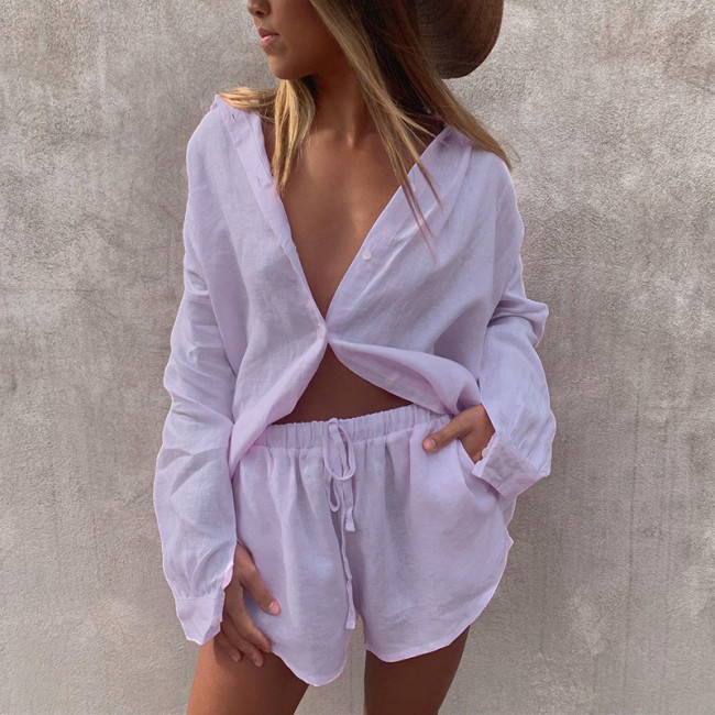 Women's Casual Solid Set Long Sleeve Shirt and Shorts 2Piece Set Daily Ins Set