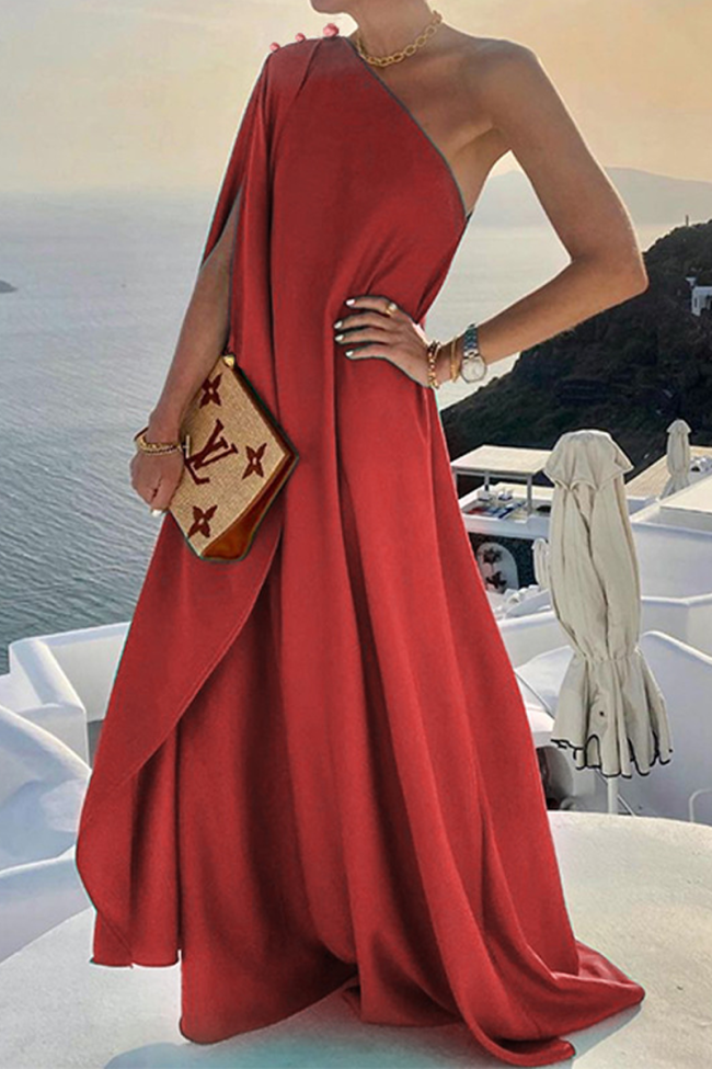 Women's Holiday Vacation Dress One Shoulder Solid Split Maxi Dress