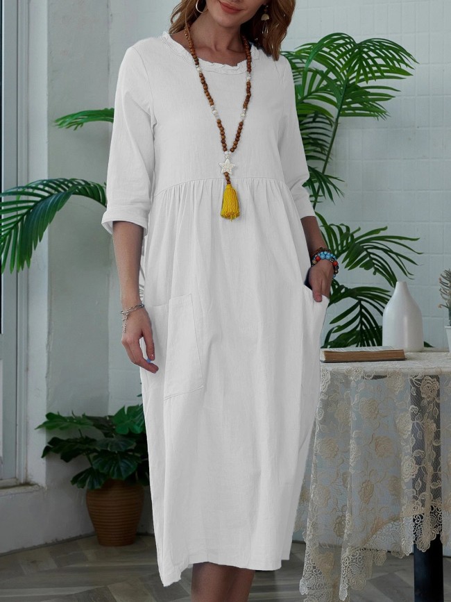 Women's Cotton Linen Dress Crew Neck High Waist Mid Sleeve Solid Dress with Pocket