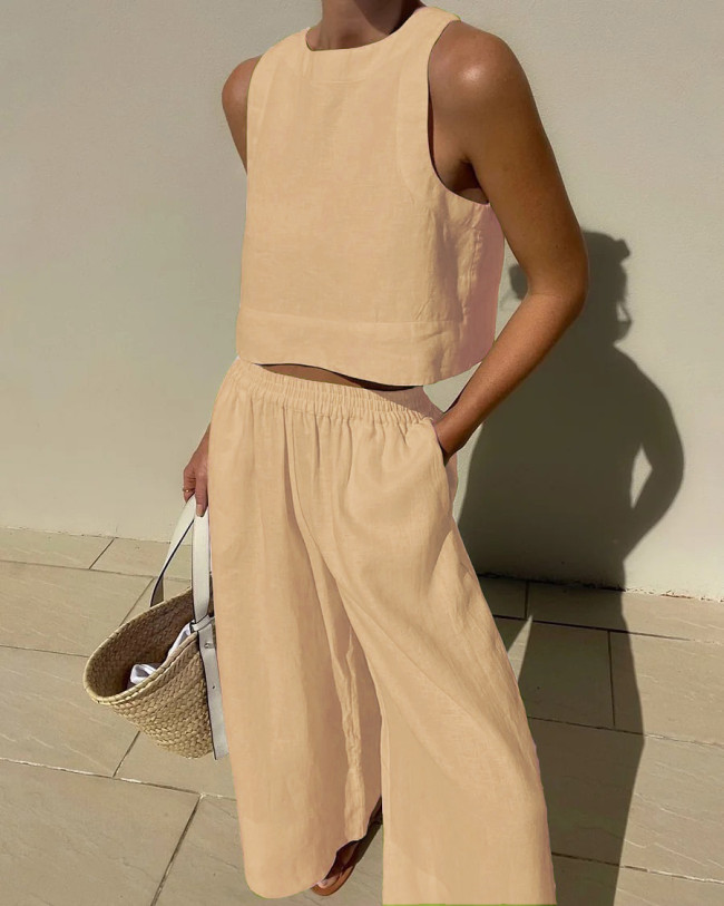 Women's Casual Set Loose Solid Color Sleeveless Shirt and Wide Leg Trousers Two-Piece Set