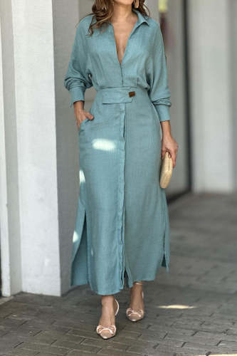 Women's Maxi Dress Lapel Long Sleeve Solid Color Dress