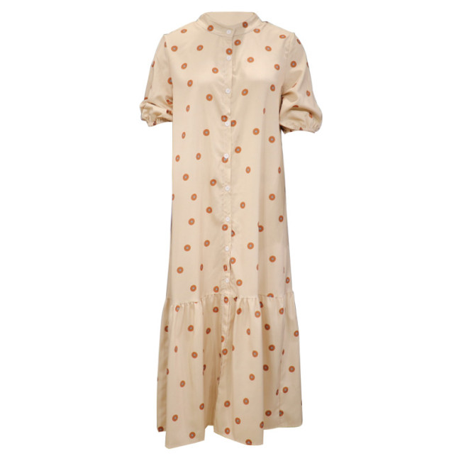 Women's Summer Dress Stand Collar Puff Sleeve Loose Dot Polka Print Casual Dress