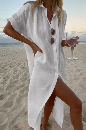 Women's Cotton Linen Shirt Dress Beach Holiday Casual Shirt Collar Dress