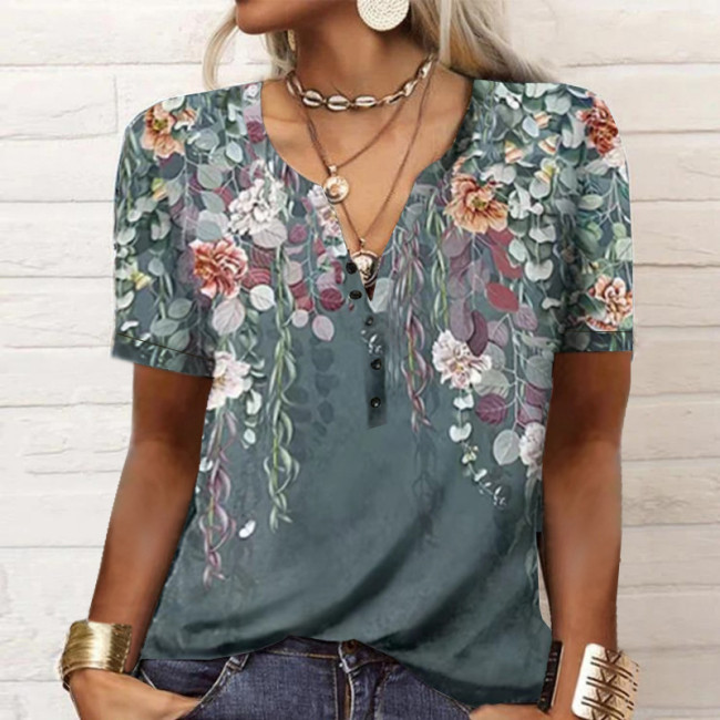 US$ 19.89 - Women's Summer Tops V-Neck Short Sleeve Floral Print Retro ...