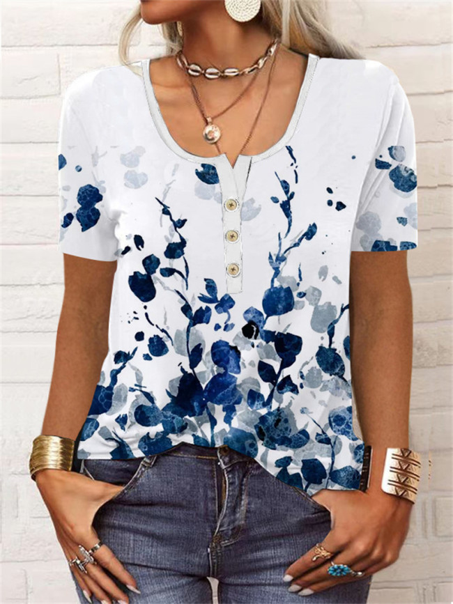 Women's Vintage Tops Crew-Neck Short Sleeve Retro Floral Butterfly Print T-Shirts