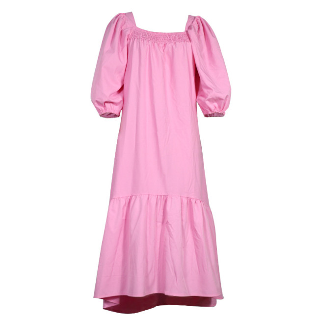 Women's Beach Dress Square Neck Puff Sleeve Pink Dress