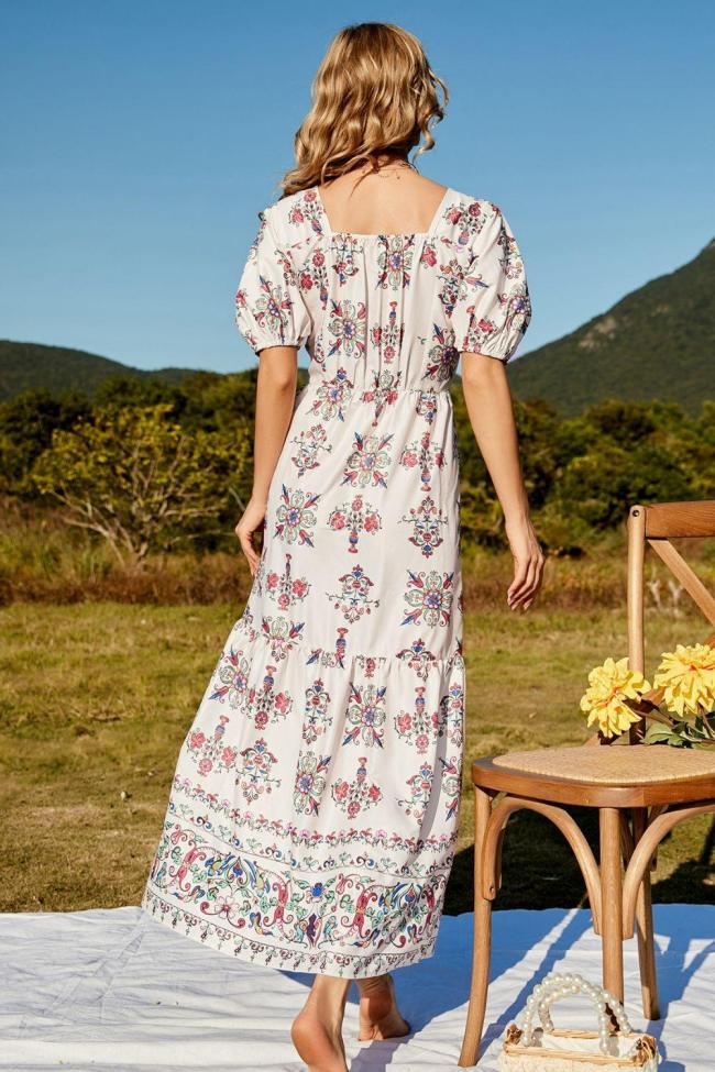 Women's Boho Dress Floral Ruched Puff Sleeve Tiered Maxi Dress
