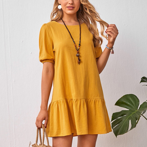 Women's Cotton Linen Dress Crew Neck Short Puffle Sleeve Mini Linen Dress