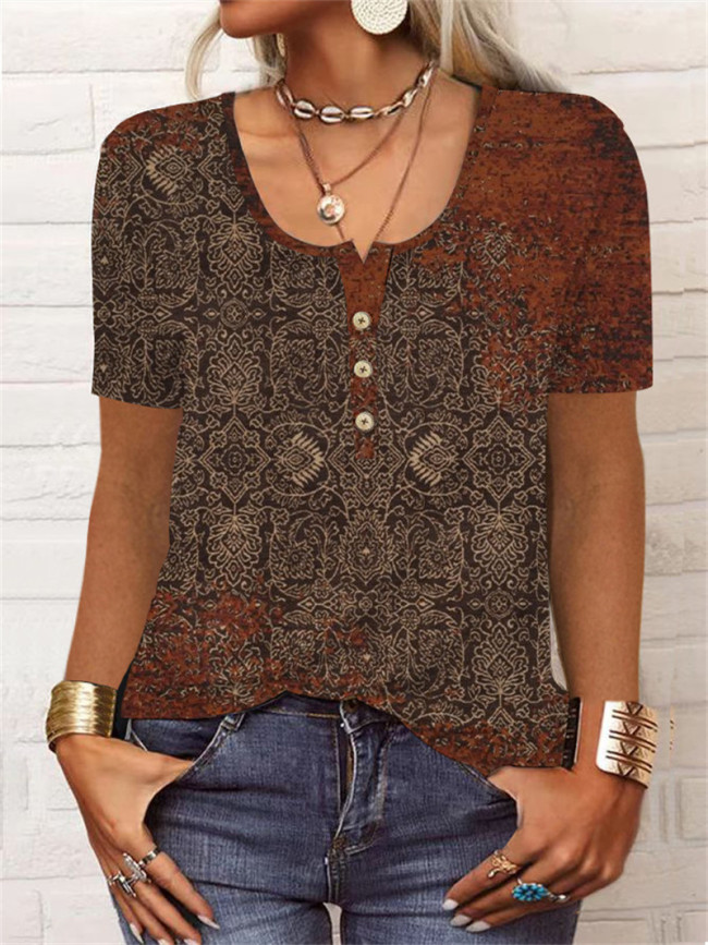 Women's Vintage Tops Crew-Neck Short Sleeve Retro Rust Print T-Shirts