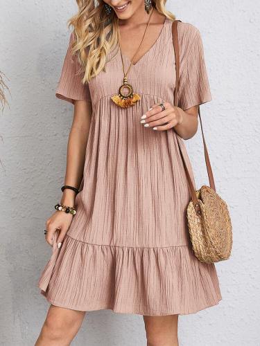 Women's Summer Dress V-Neck Short Sleeve Solid Cake Layer Dresses