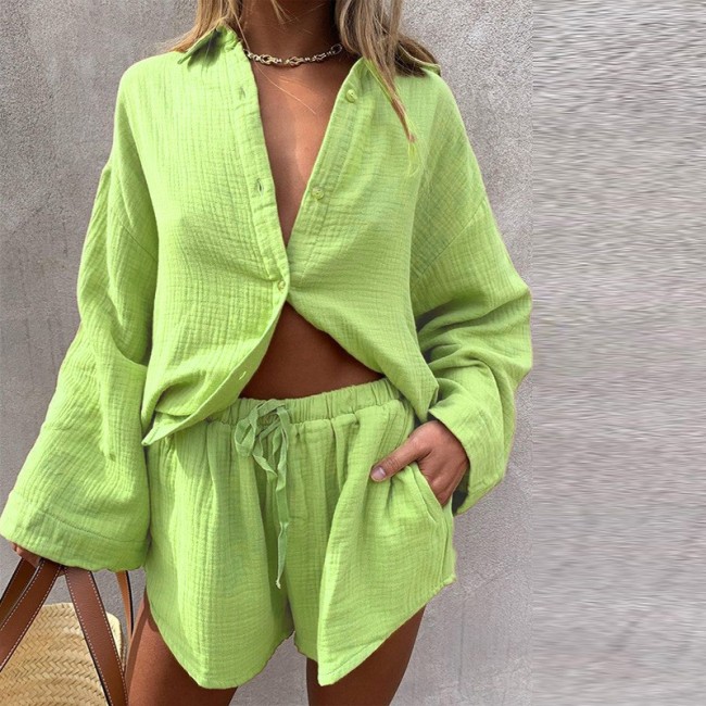 Women's Casual Solid Set Long Sleeve Shirt and Shorts 2Piece Set Daily Ins Set