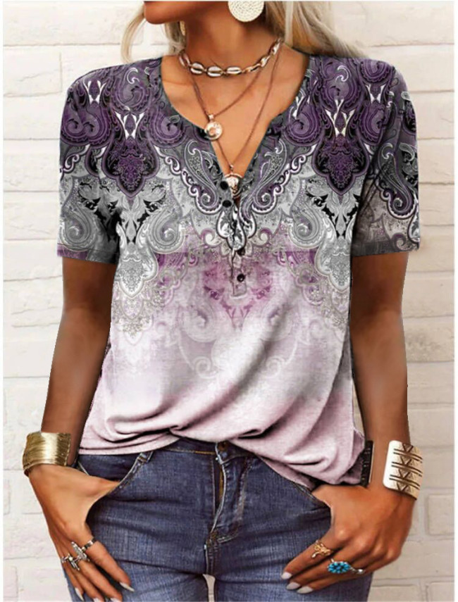 Women's Summer Tops V-Neck Short Sleeve Floral Print Retro Vintage T-Shirt