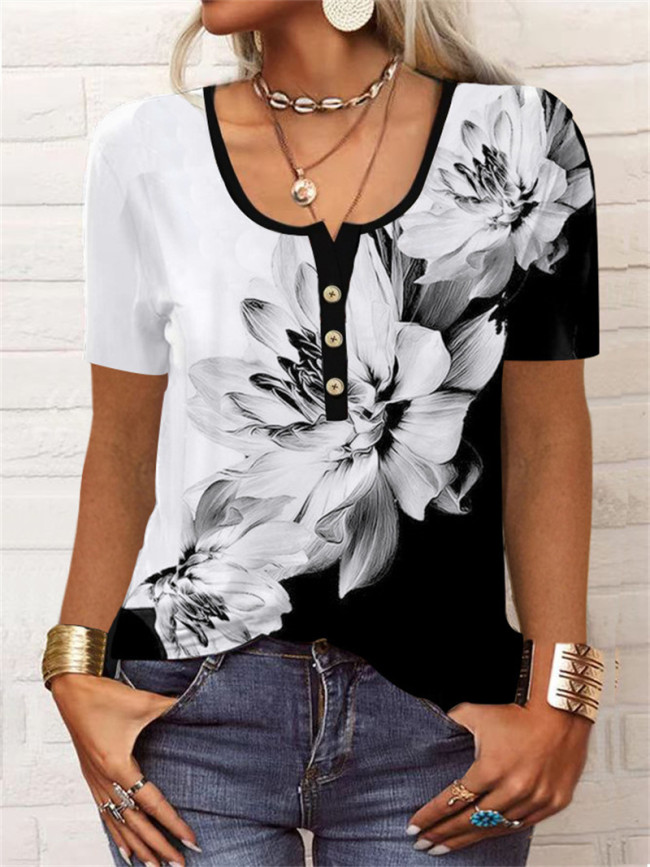 Women's Vintage Tops Crew-Neck Short Sleeve Retro Floral Butterfly Print T-Shirts