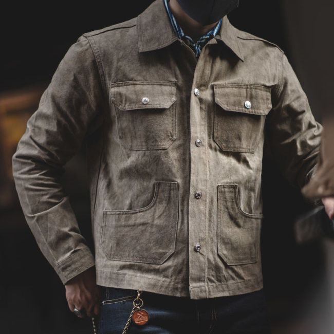 Men's Waxed Cotton Jacket Windproof & Waterproof Vintage Waxed Rip Trucker Jackets