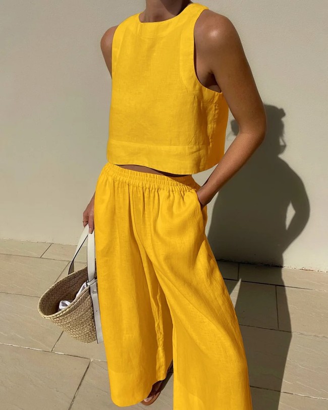 Women's Casual Set Loose Solid Color Sleeveless Shirt and Wide Leg Trousers Two-Piece Set